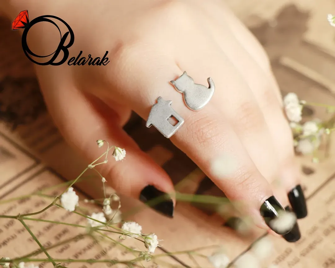 انگشتر نقره طرح گربه و خانه